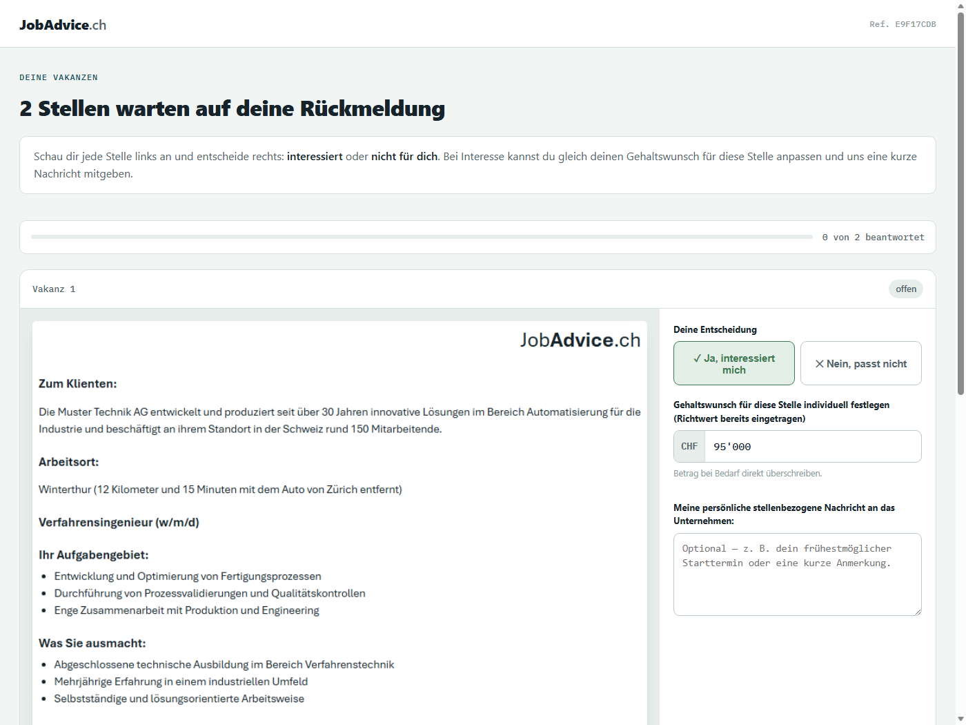 Vorschau unserer Online-Loesung fuer Vakanzen-Rueckmeldungen